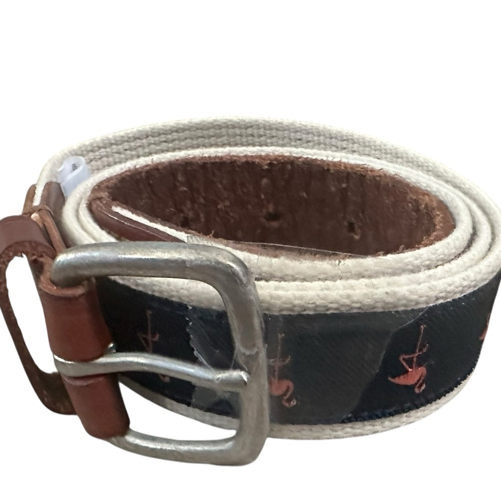 J.Crew Brown Leather and Cotton Belt size 36” Flamingo Printed Preppy - Picture 2 of 6